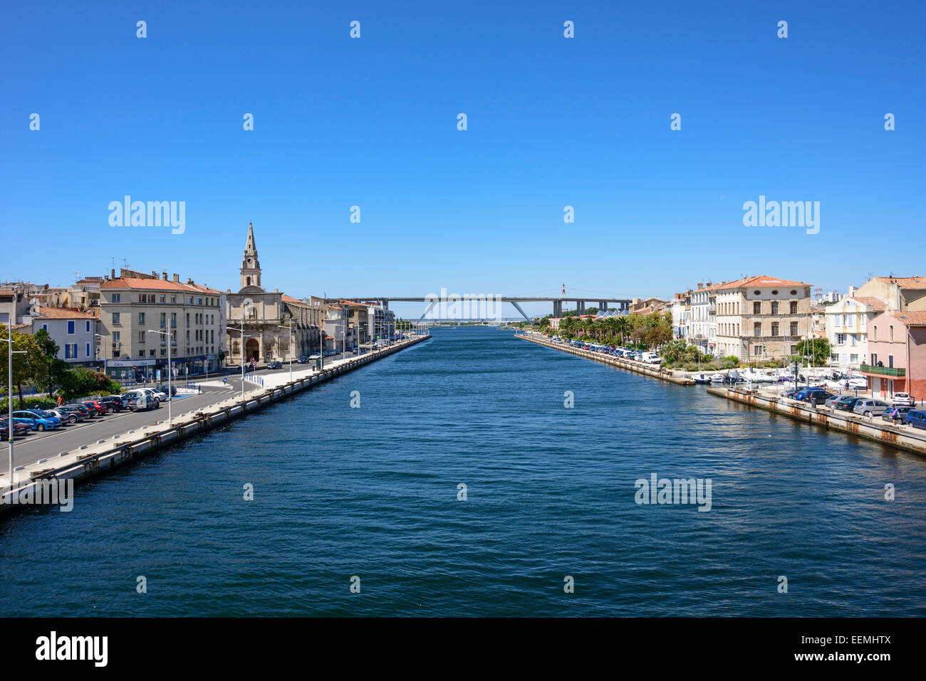 View of Martigues with A55 Highway in the background, Bouches du Rhone, PACA (Provence-Alpes-Cote d'Azur), France Stock Photo