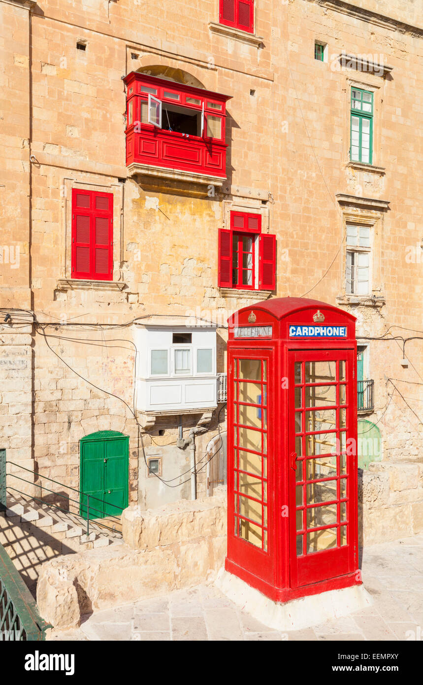 Red Telephone Box, Balcony and Shutters Valletta Malta EU Europe Stock Photo
