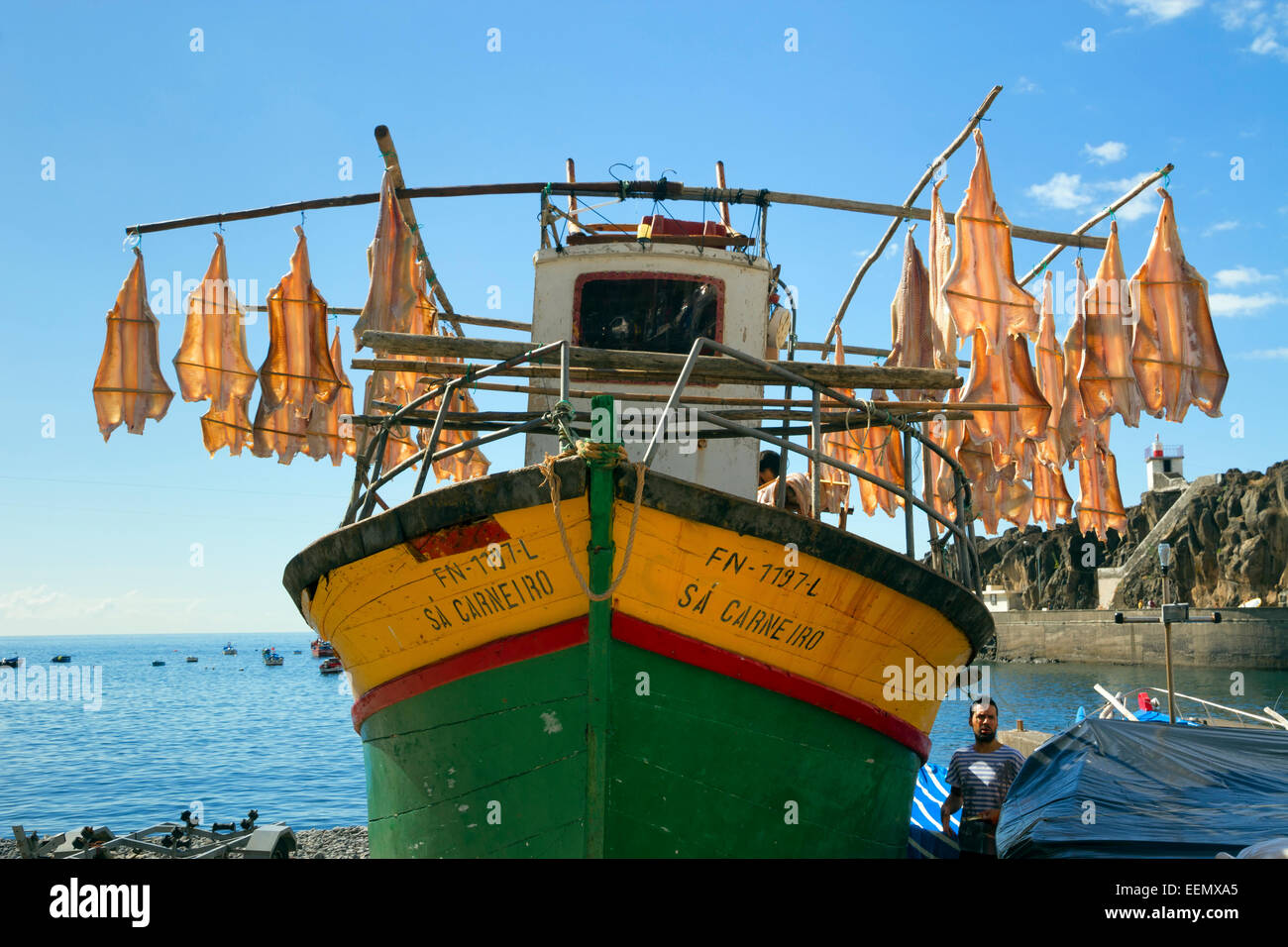 Salt cod fish hung out to dry in the pretty coastal village of Camara de Lobos on Madeira Stock Photo