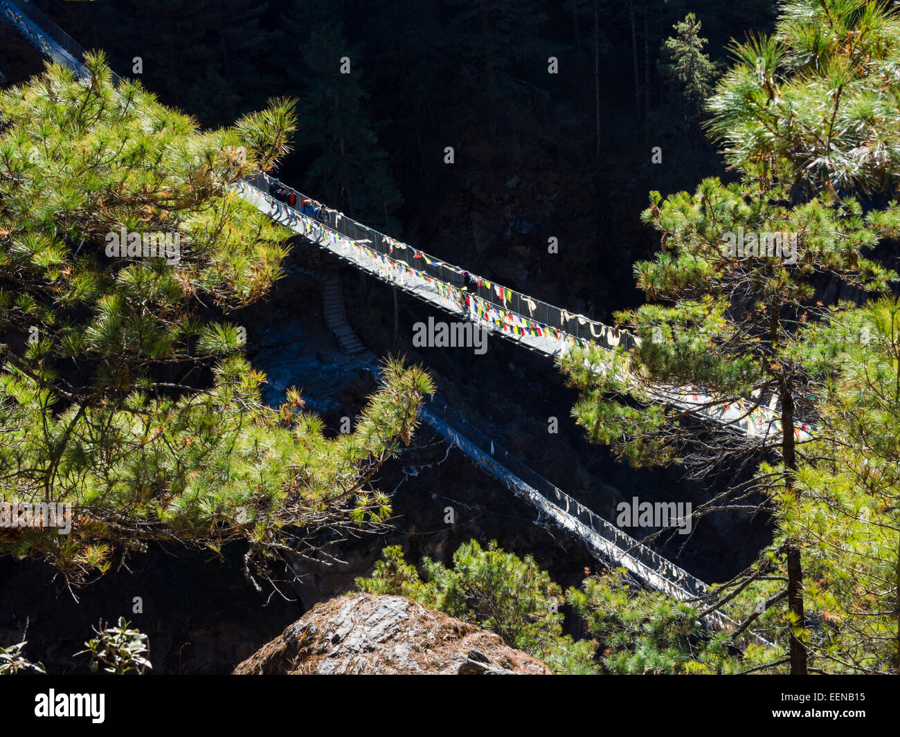Suspension bridges over the Dudh Kosi River below Namche Bazaar, Nepal Stock Photo
