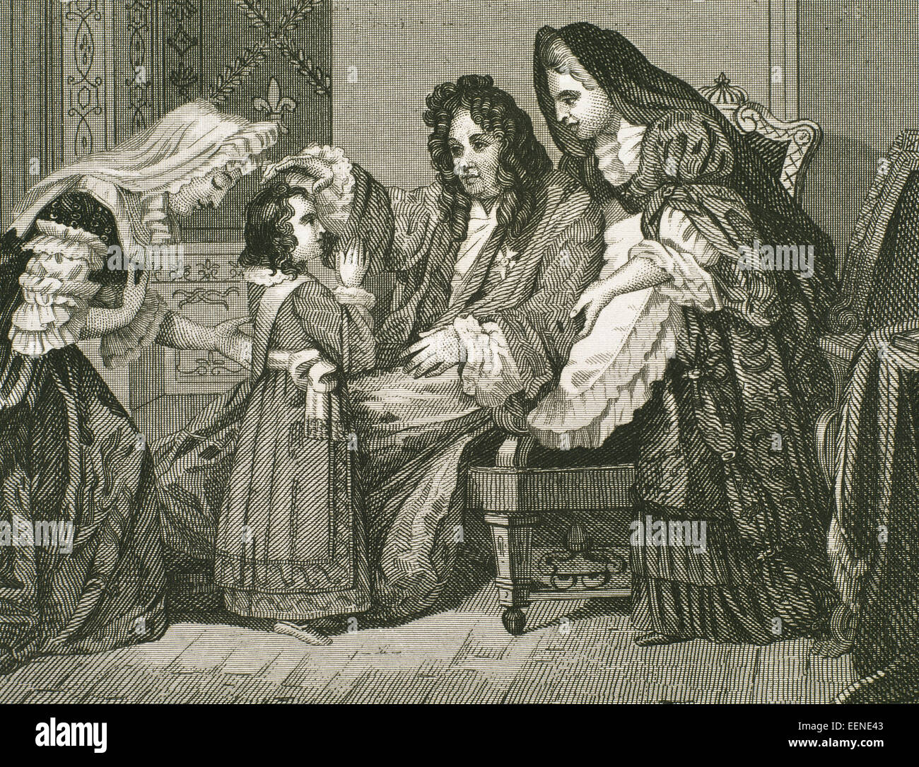 Louis XIV (1638-1715), King of France, with his grandson. Engraving Stock Photo