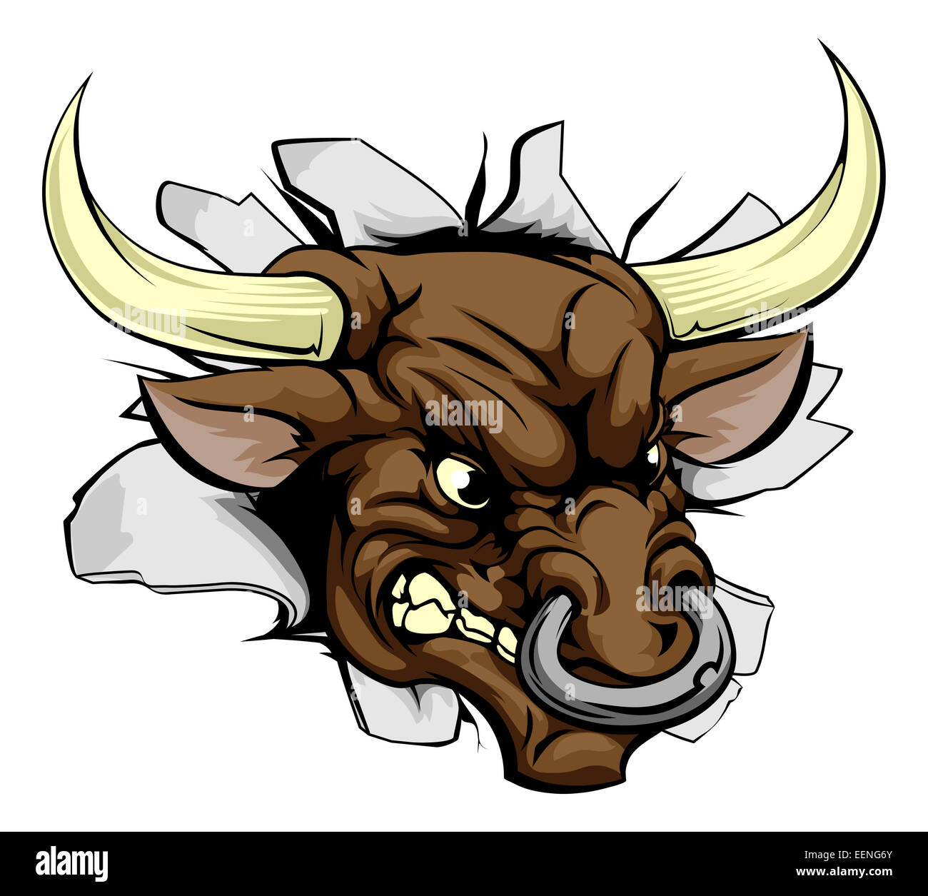 An illustration of a bull charging a wall and breaking through Stock Photo