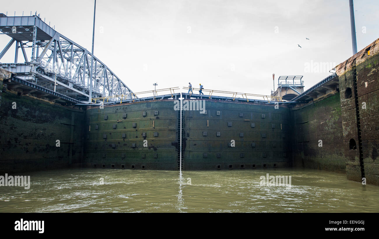 100 year old gates, Miraflores Lock, Panama Canal, Panama. Stock Photo