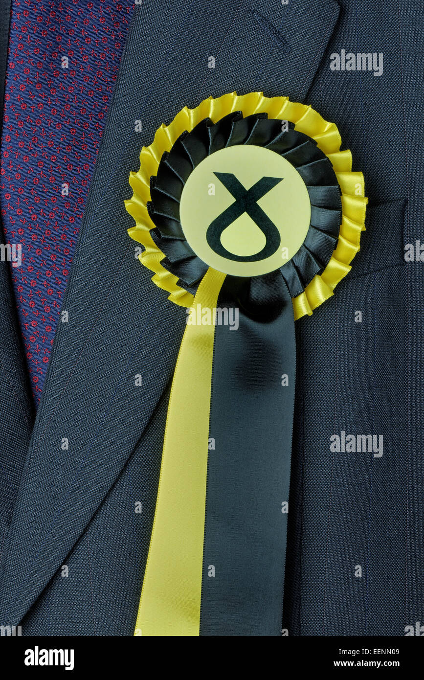 SNP election rosette on a candidate's jacket Stock Photo
