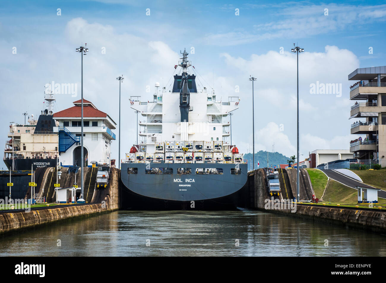 A container ship passing through the Panama Canal, Panama. Stock Photo
