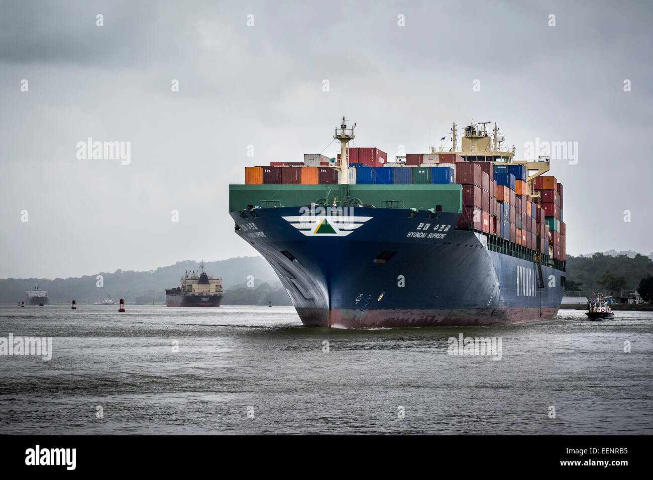 Container Ships passing through the Panama Canal, Panama. Stock Photo