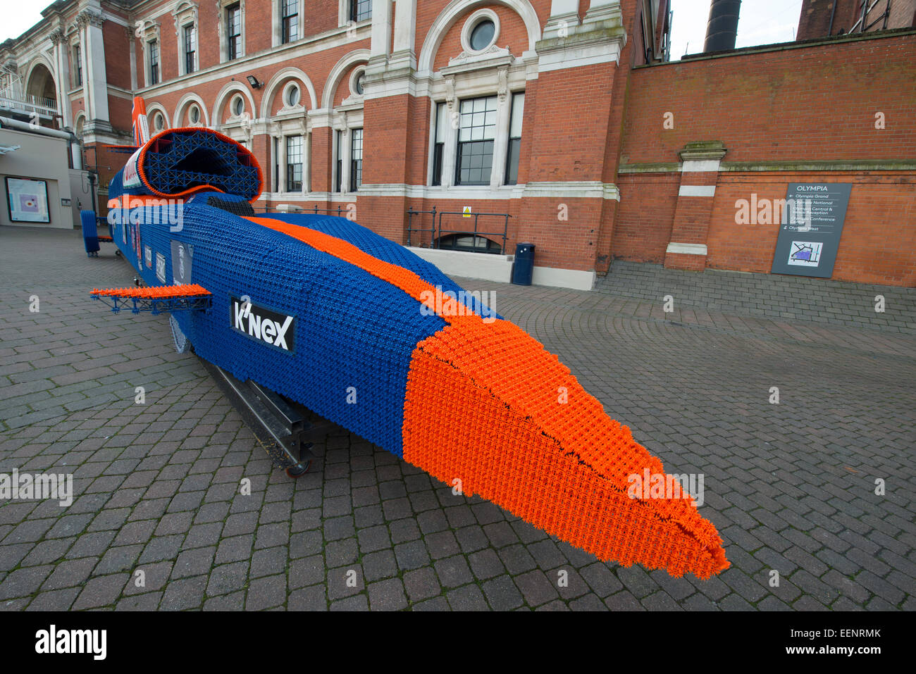 Kensington Olympia, London, UK. 20th January, 2015. The UK’s annual only dedicated toy, game and hobby trade show runs from 20th-22nd January with over 260 companies exhibiting thousands of products to buyers and the media. The BLOODHOUND K'NEX Car on display outside Olympia. Credit:  Malcolm Park editorial/Alamy Live News Stock Photo