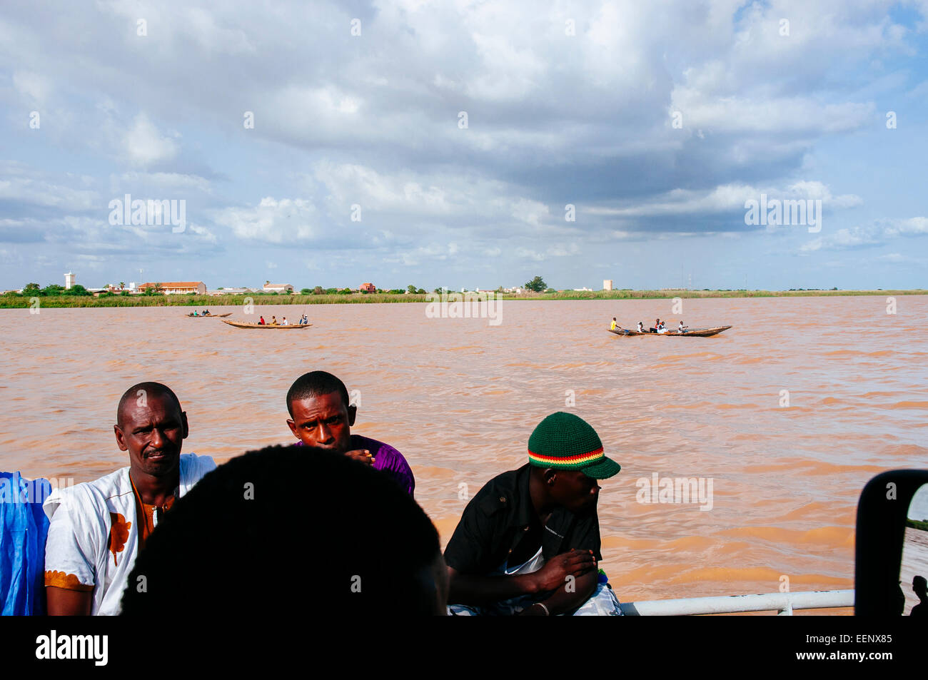 Passengers on the ferry that crosses the Senegal River and connects the cities of Rosso (Mauritania) and Rosso (Senegal). Stock Photo