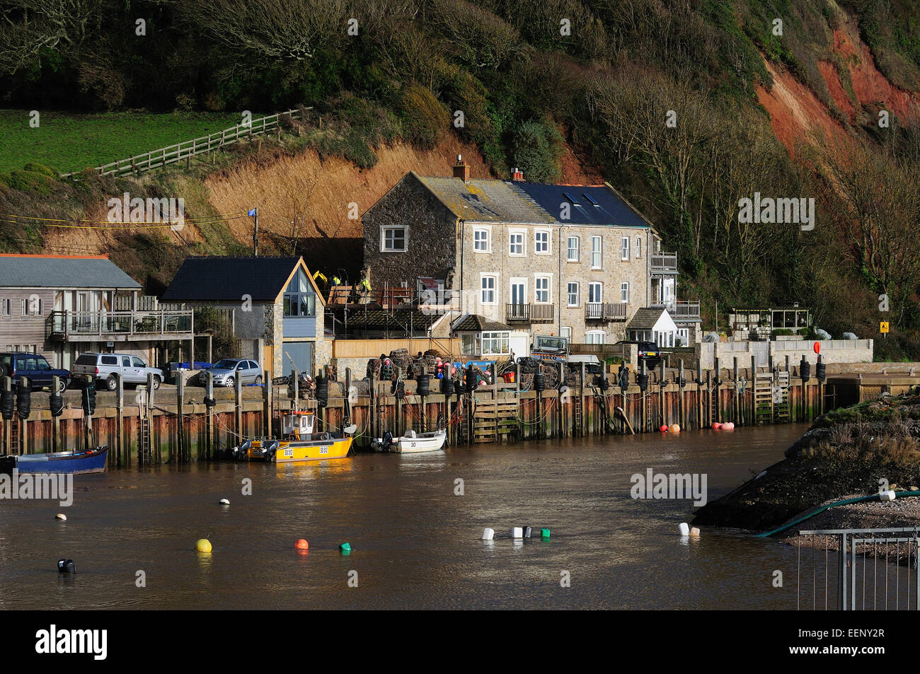 A view of Seaton harbour Devon with boats and buoys in the water UK