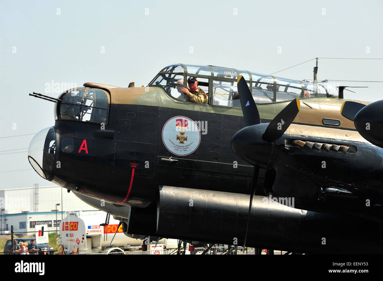 A pilot in the cockpit of an Avro Lancaster bomber. Stock Photo