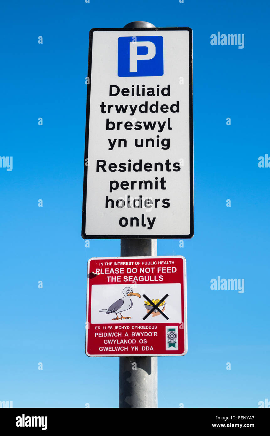 Welsh road and public signs concerning car park allocation and seagull feeding Stock Photo
