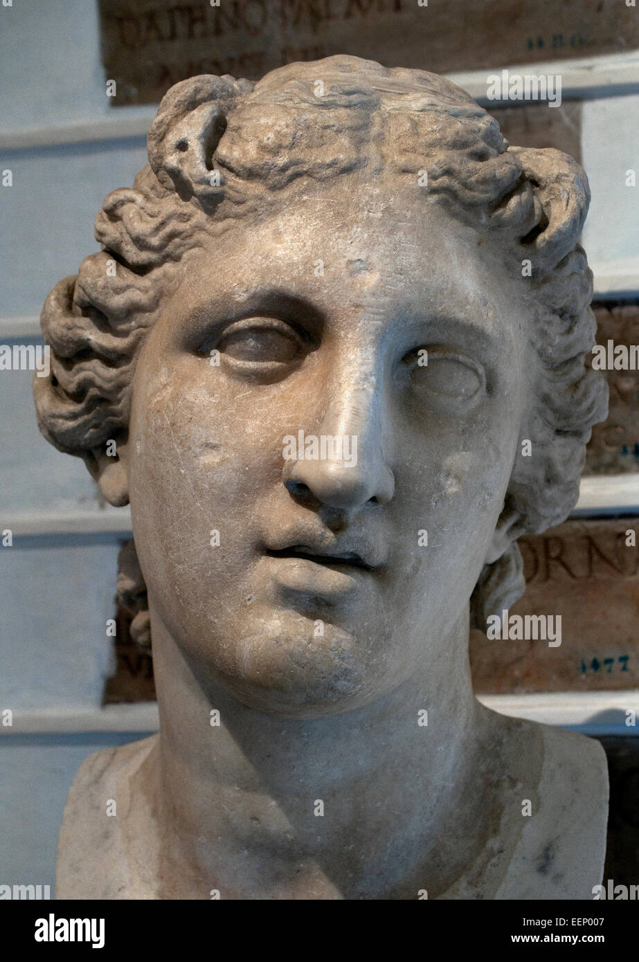 Head of Apollo II century BC Greek  Rome Capitoline Museum Italy Italian (God of music, poetry, art, oracles, archery, plague, medicine, sun, light and knowledge ) Stock Photo
