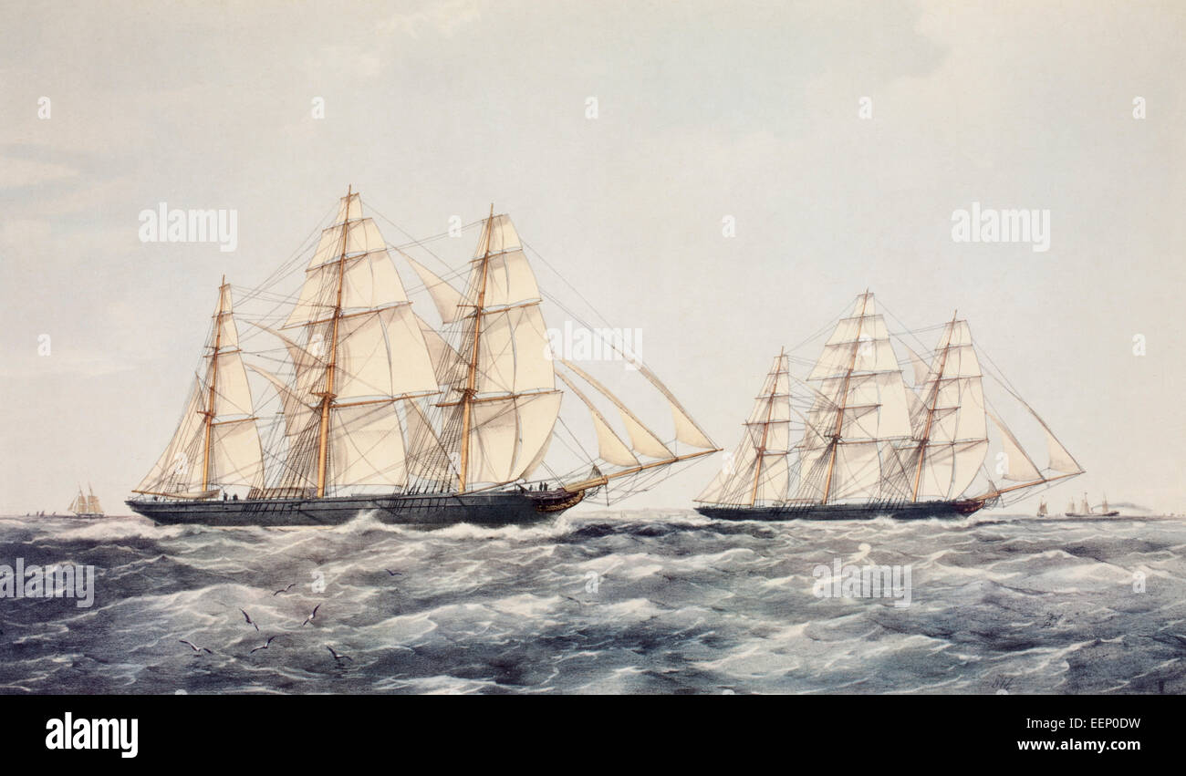 The tea clippers Taeping (left) and Ariel (right) in The Great Tea Race of 1866, from China to London.  After a passage of 14,000 miles the Taeping won, docking in London less than half an hour before the Ariel. Stock Photo