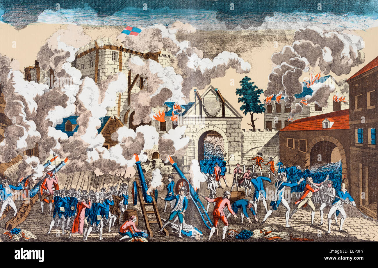 The Storming of the Bastille, Paris, France, 14 July 1789,  portrayed here as being stormed by the military.  After a contemporary work. Stock Photo