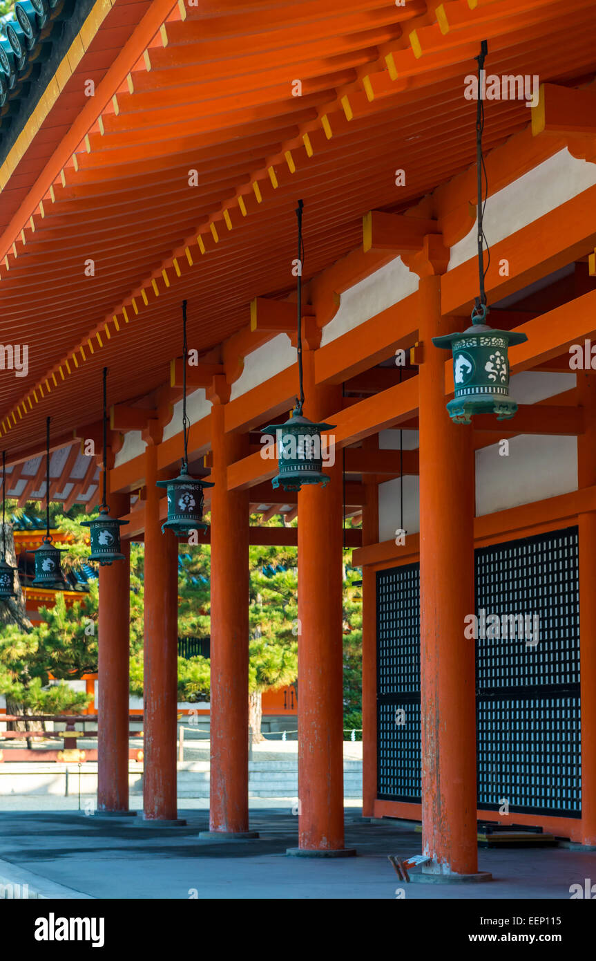 Lanterns hang from the eaves of Heian Shrine in Kyoto, Japan. Stock Photo