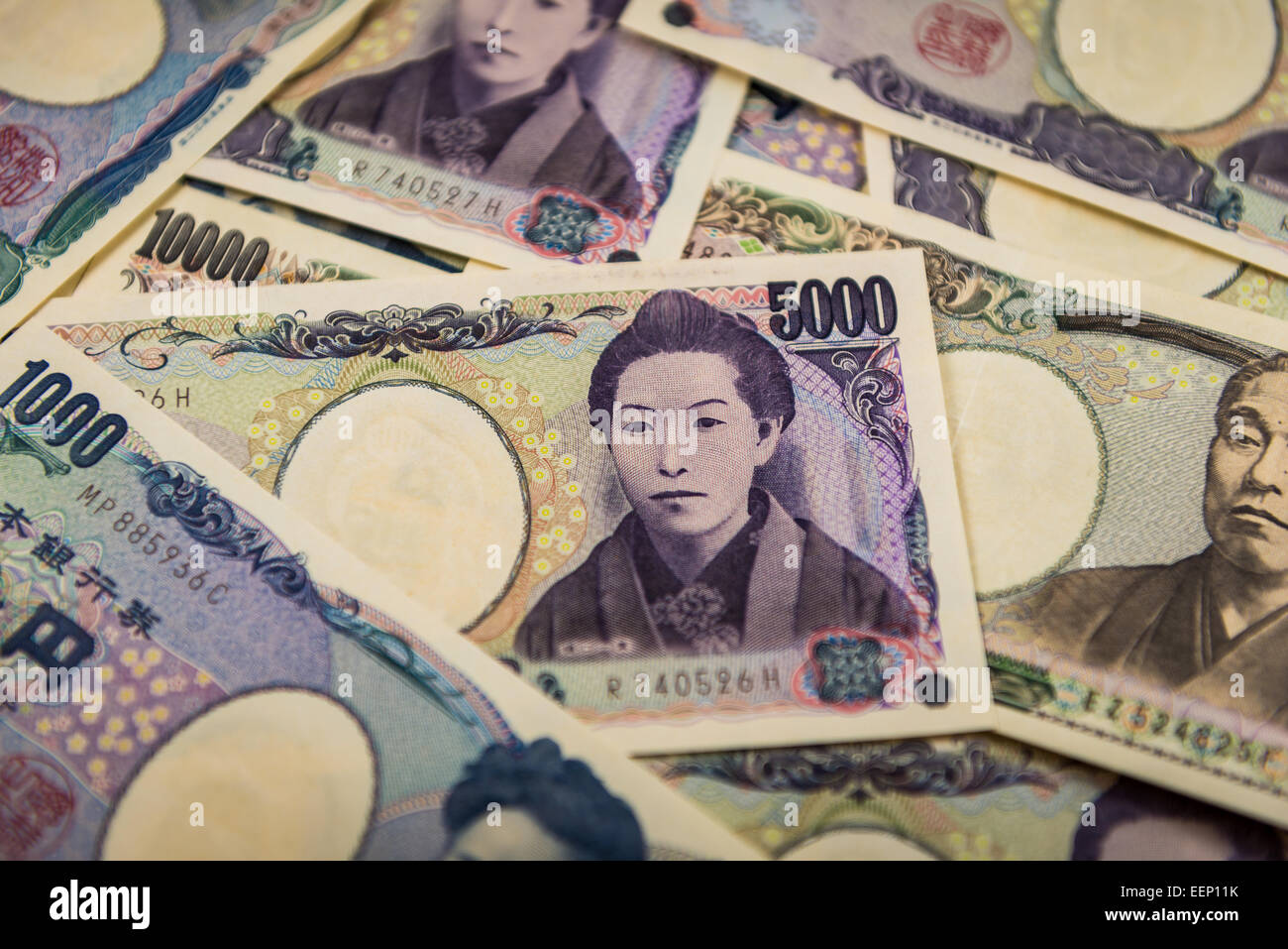 Set of the four Japanese banknotes currently in use, 10,000, 5000, 2000 and...