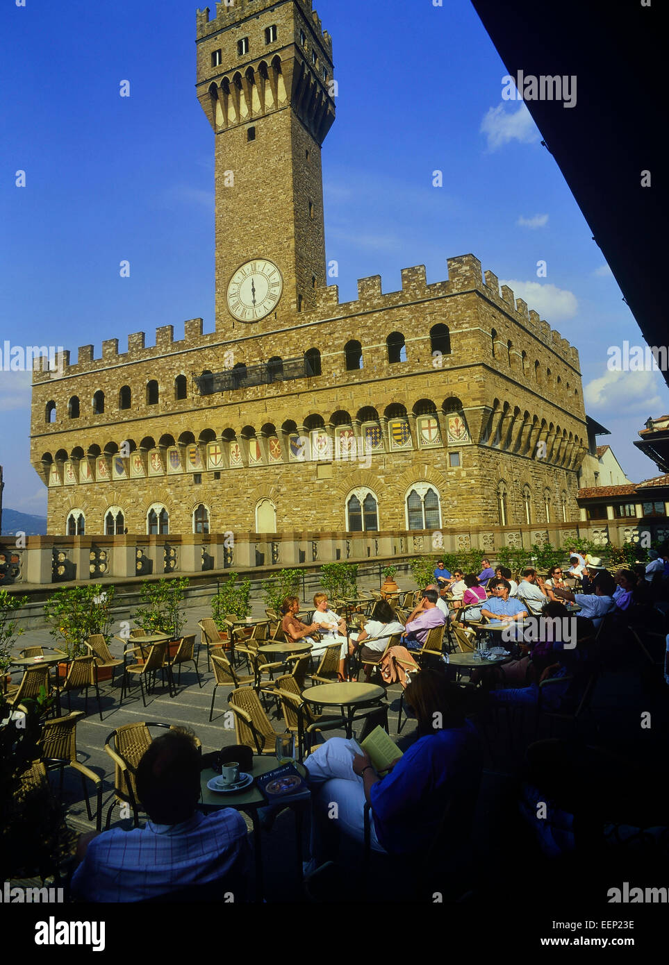 The Palazzo Vecchio seen from the Uffizi Gallery Cafeteria terrace, Florence. Italy, Europe Stock Photo