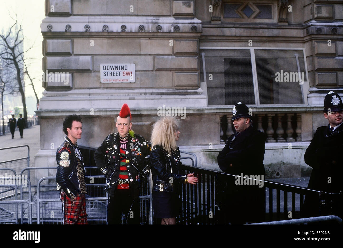 Punk rockers outside Downing Street. London. UK Stock Photo
