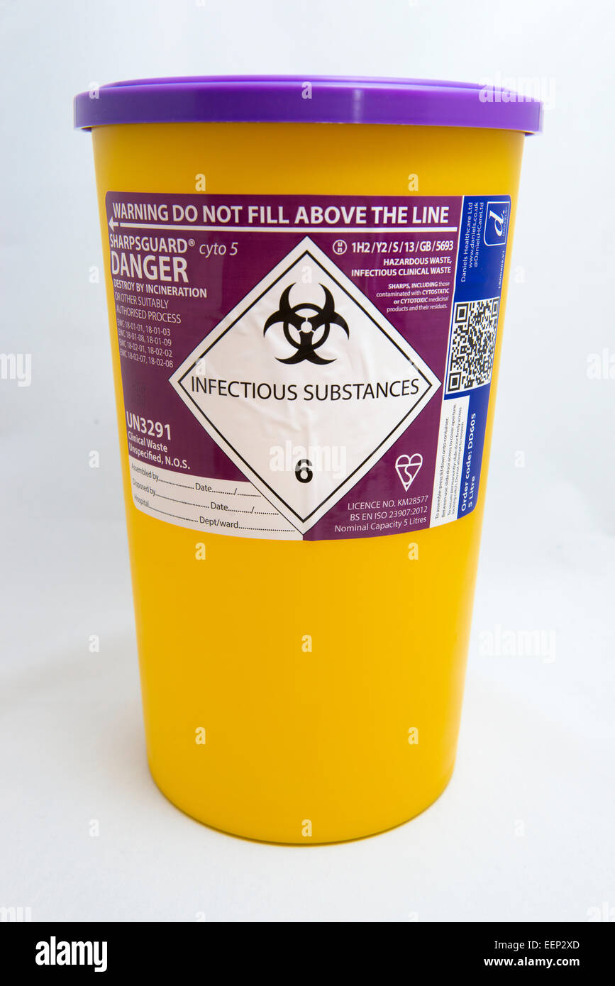 A sharps bin for disposal of used needles and sharps waste Stock Photo