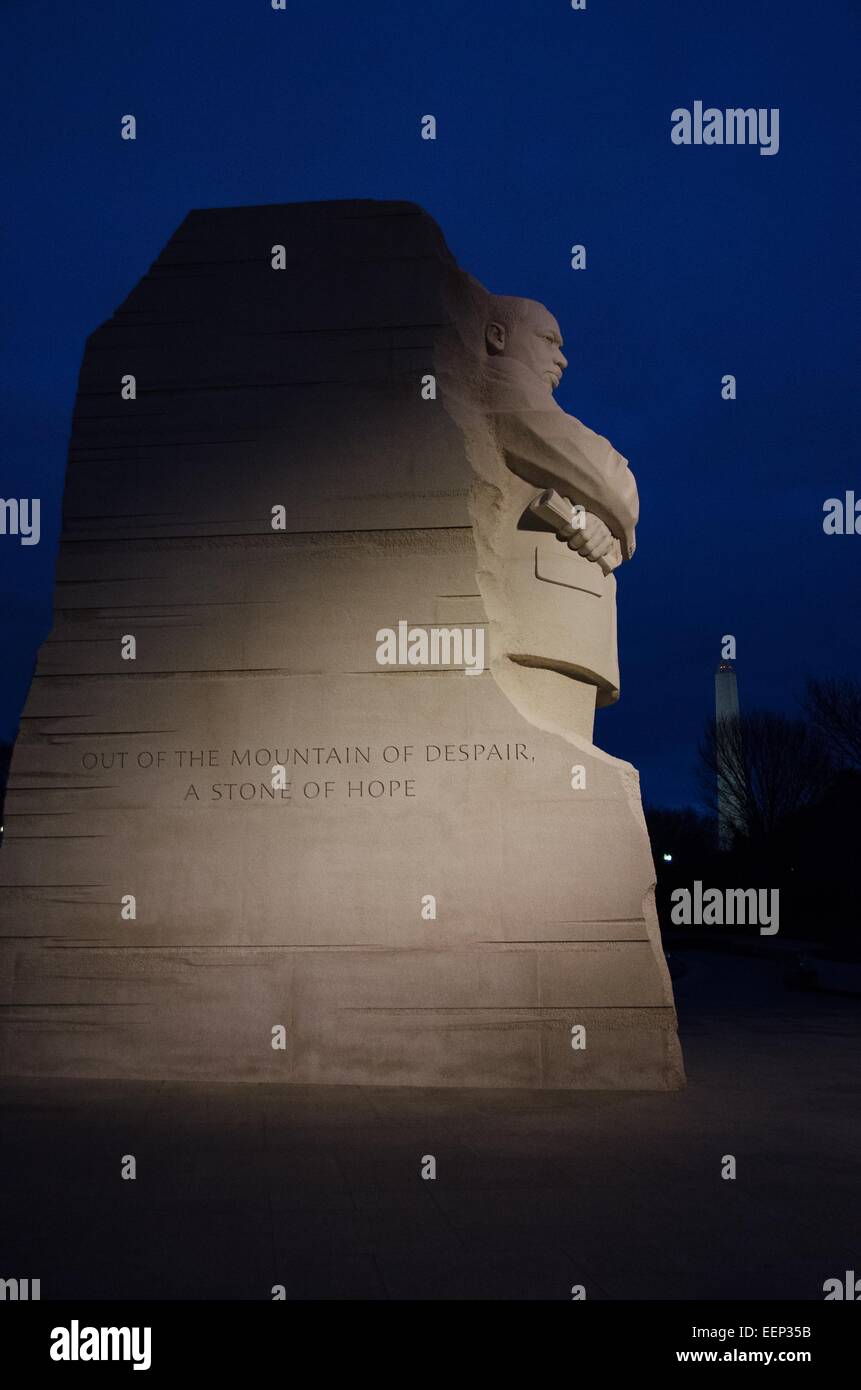 Dawn rises over the monument to Dr. Martin Luther King, Jr., on the holiday in his honor January 19, 2015 in Washington, DC. Stock Photo