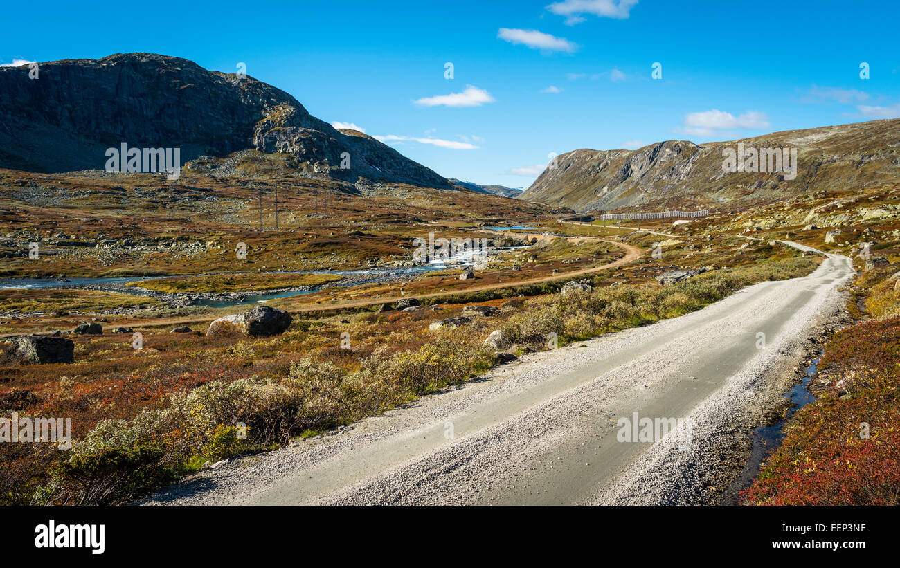 The Rallarvegen track and a now unused section of the Oslo to Bergen railway, at Hestebotn between Haugastøl and Finse, Norway. Stock Photo