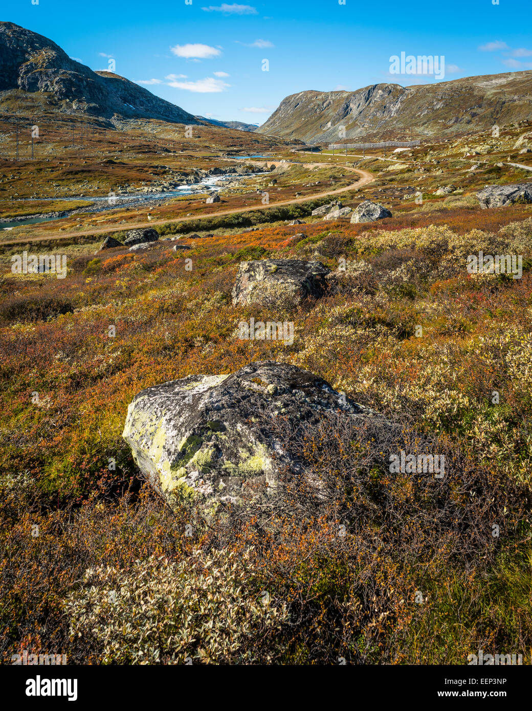 The Rallarvegen track and a now unused section of the Oslo to Bergen railway, at Hestebotn between Haugastøl and Finse, Norway. Stock Photo