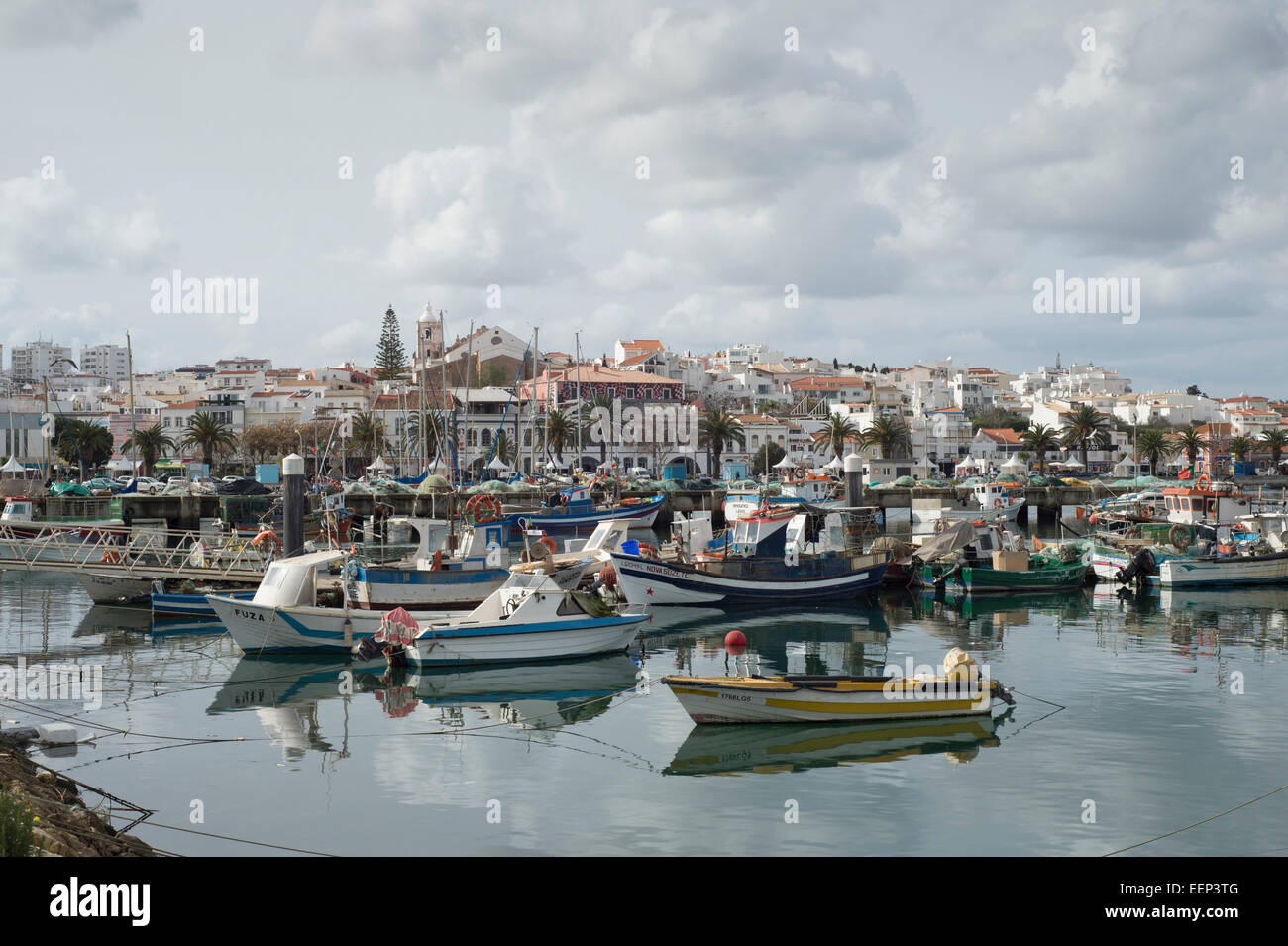 fishing boats in the harbour at Lagos, western Algarve, Portugal. Stock Photo