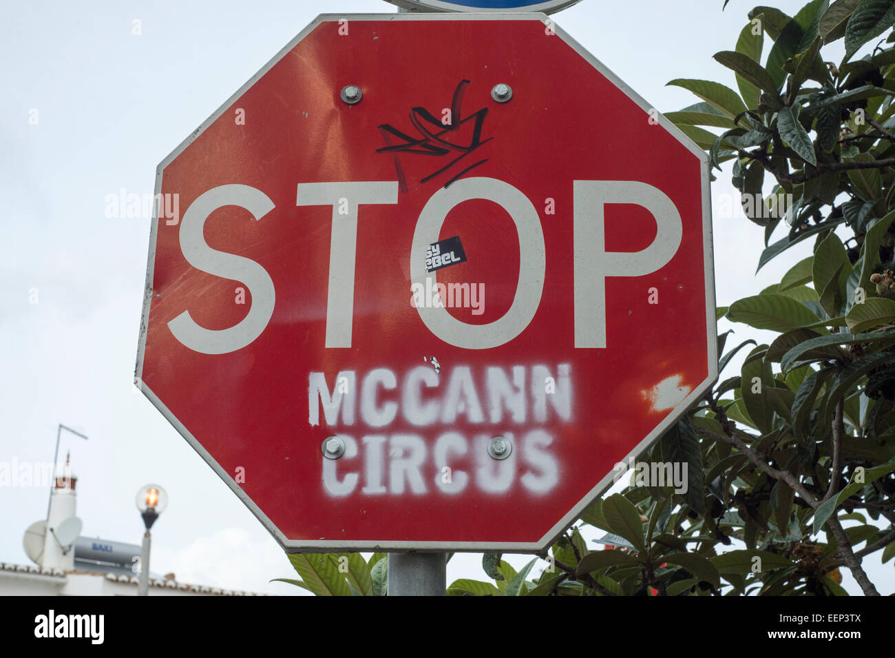 stop sign in Praia da Luz with 'stop McCann Circus' written on it Stock Photo