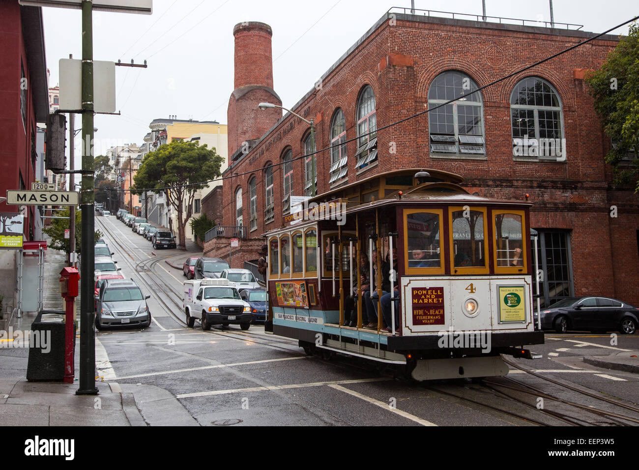 A San Francisco Cable Car outside the Cable Car Museum in San Francisco, California Stock Photo
