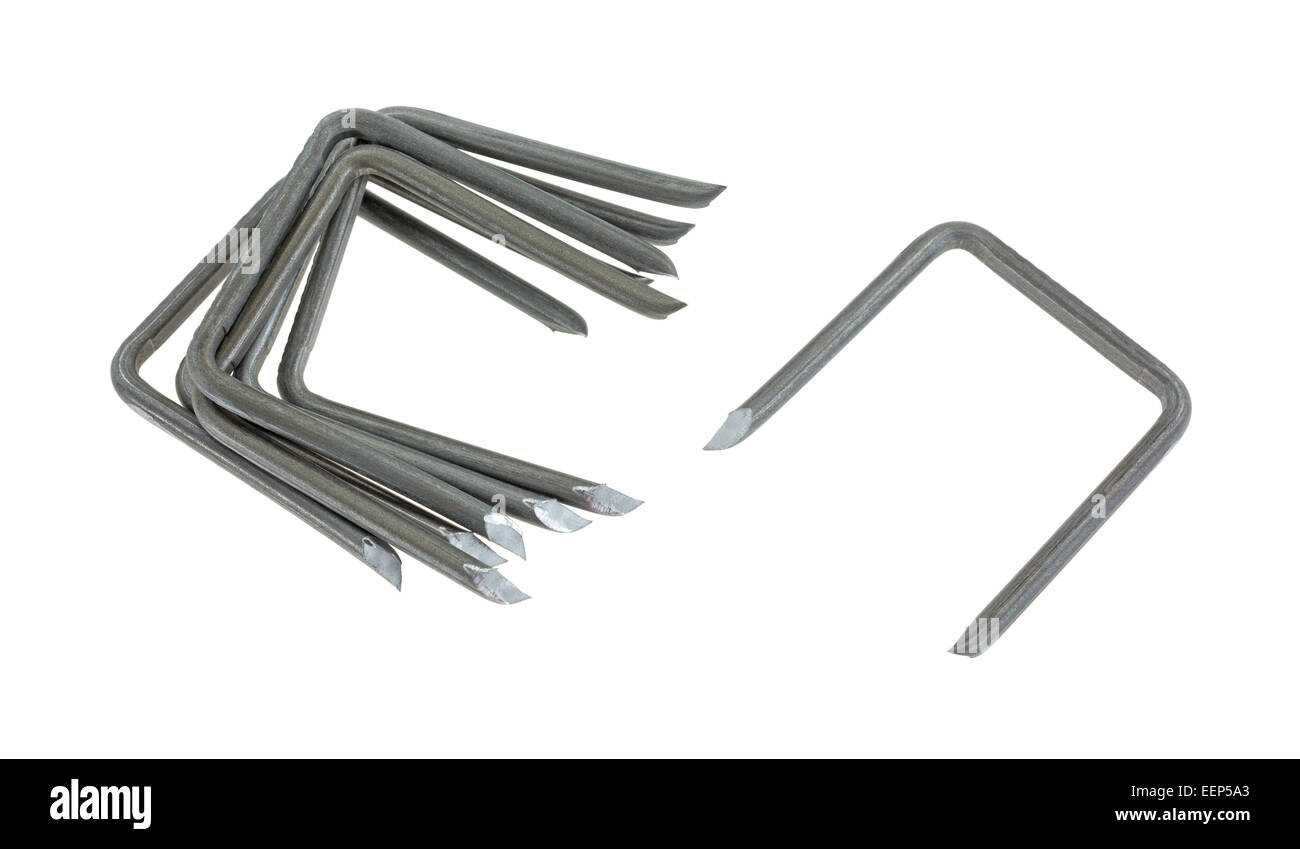 Several large cable staples arranged on a white background Stock Photo