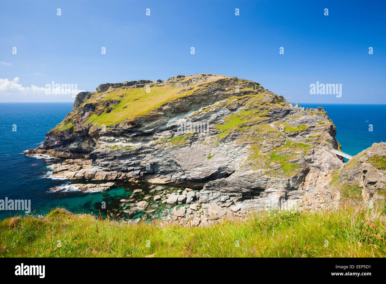 Tintagel Head and Castle Cornwall England often linked with the story of King Arthur Stock Photo