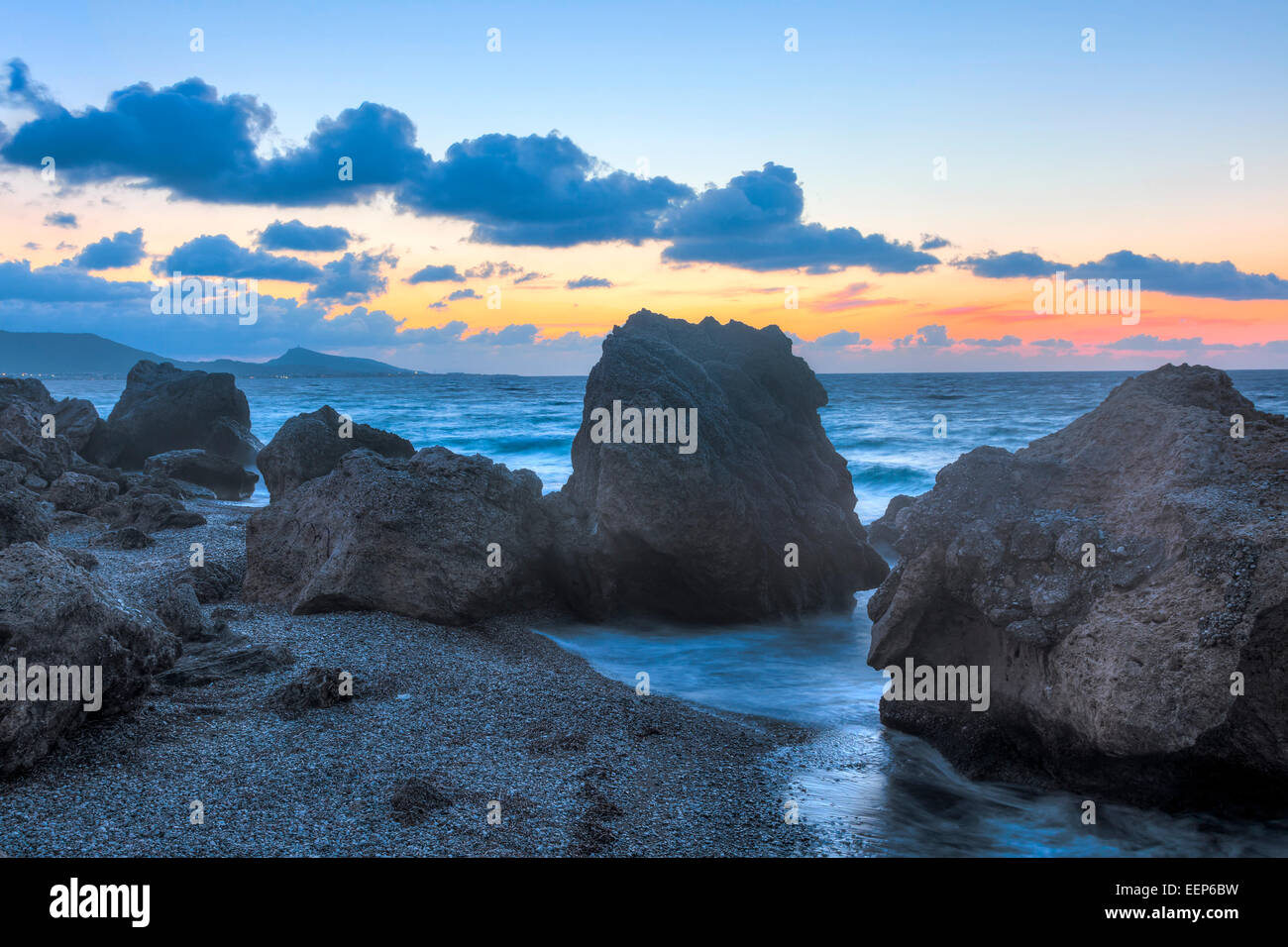 Sunset on the coast at Rhodes Greece Europe Stock Photo