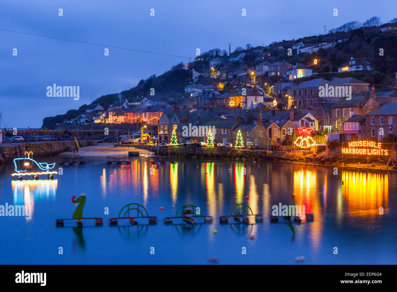 Beautiful display of Christmas Lights at Mousehole Harbour Cornwall