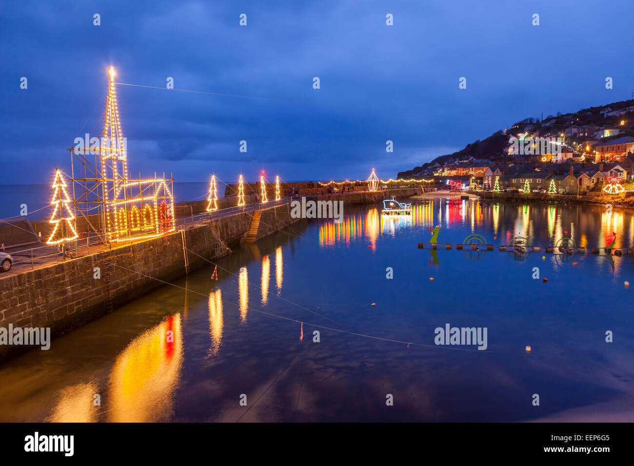 Beautiful display of Christmas Lights at Mousehole Harbour Cornwall