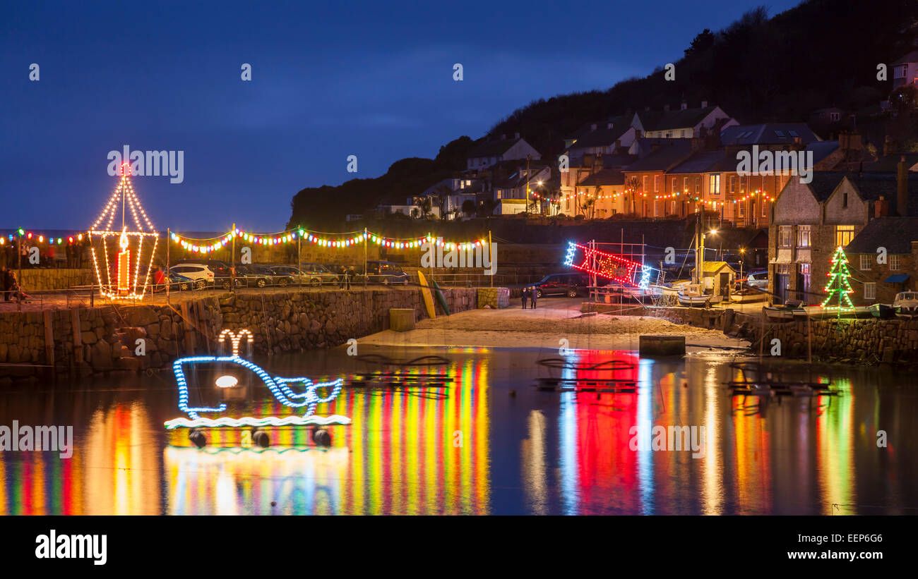 Beautiful display of Christmas Lights at Mousehole Harbour Cornwall