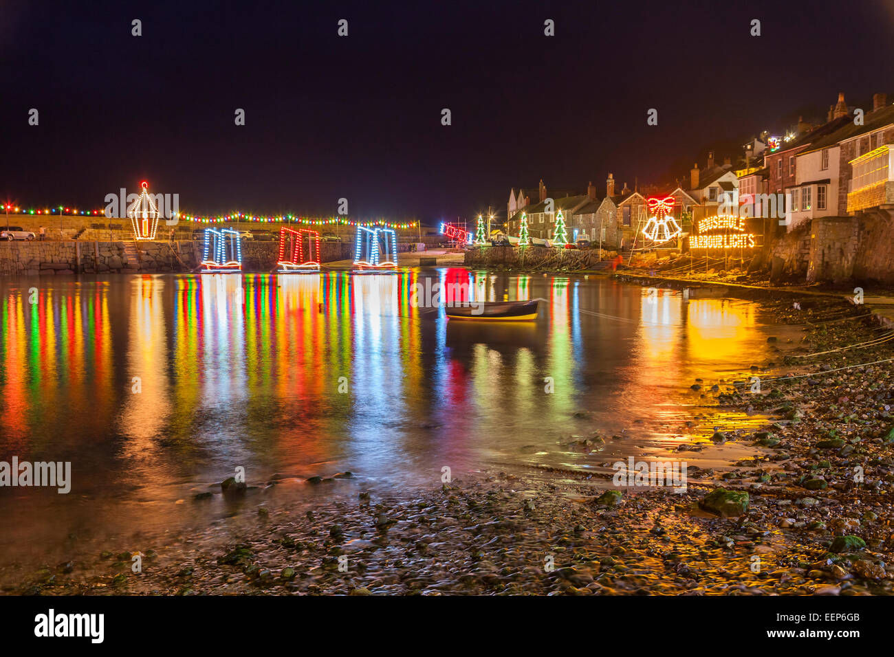 Beautiful display of Christmas Lights at Mousehole Harbour Cornwall