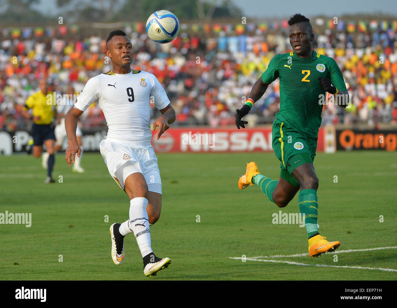 Mongomo, Equatorial Guinea. 19th Jan, 2015. African Cup of Nation football tournament. Ghana versus Senegal. Jordan Pierre Ayew (GHA) and Serigne M.K. Mbodji (SEN) © Action Plus Sports/Alamy Live News Stock Photo