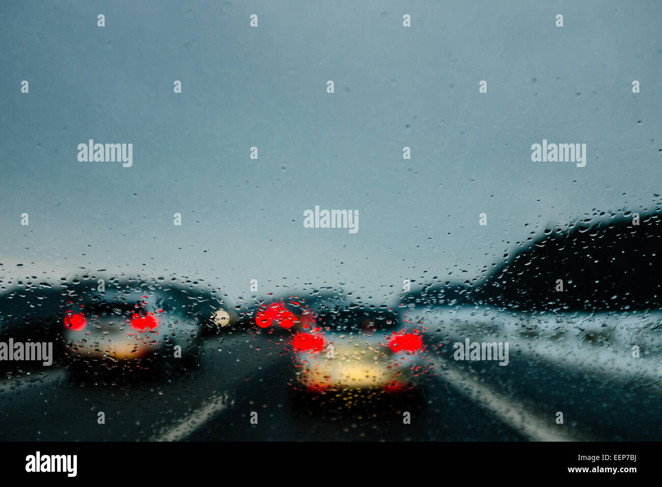 Driving a car in rain and snow A3 highway in Germany Stock Photo