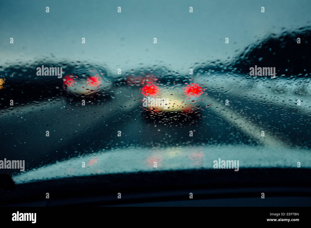 Driving a car in rain and snow A3 highway in Germany Stock Photo