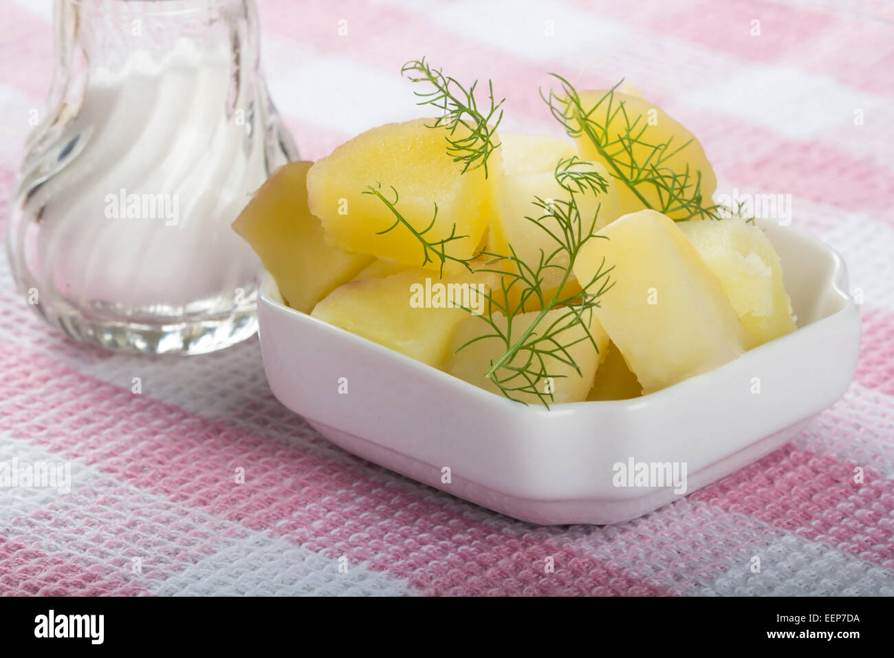 Fresh boiled potatoes with dill and salt Stock Photo