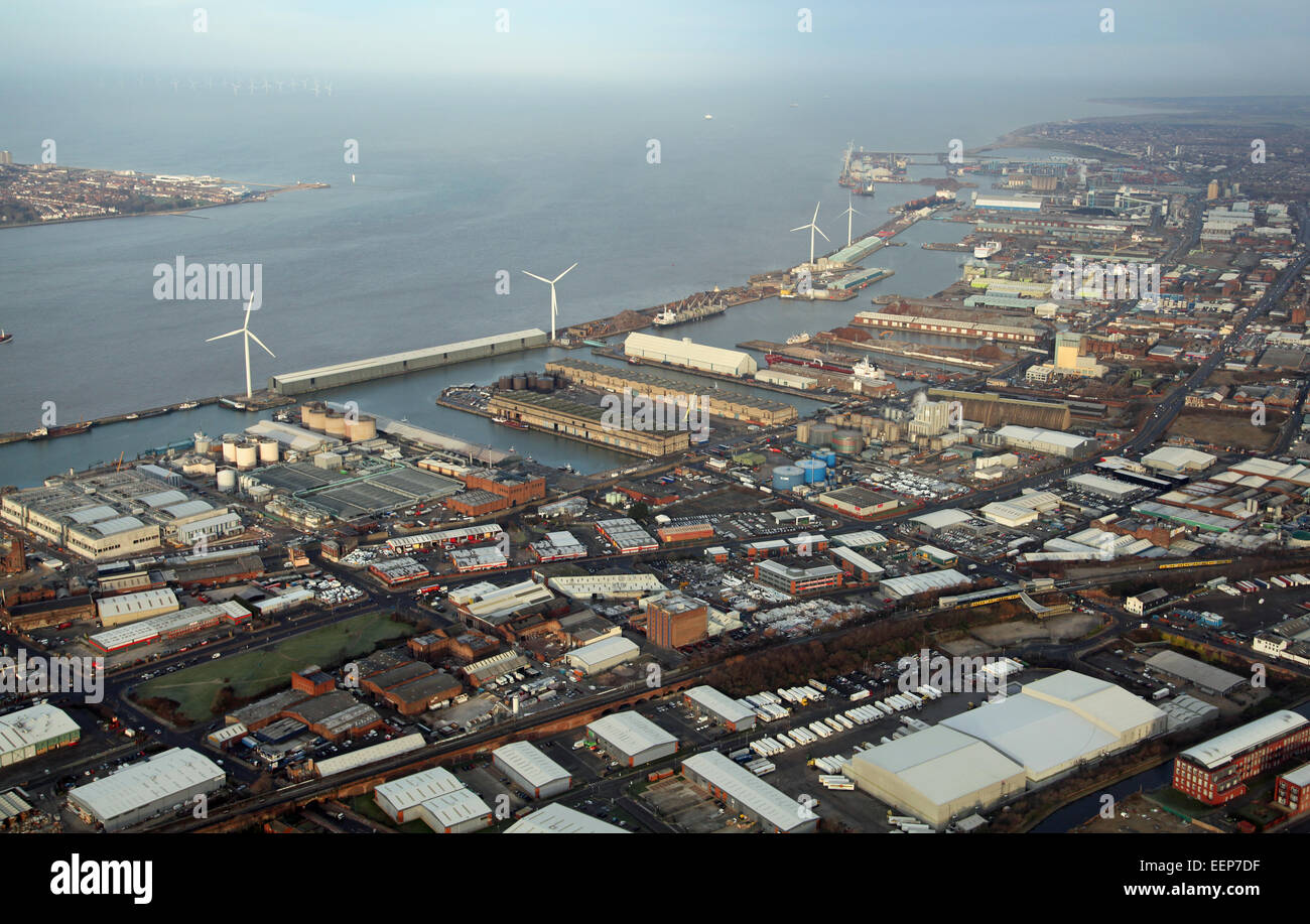 aerial view of Liverpool Docks on Merseyside, UK Stock Photo