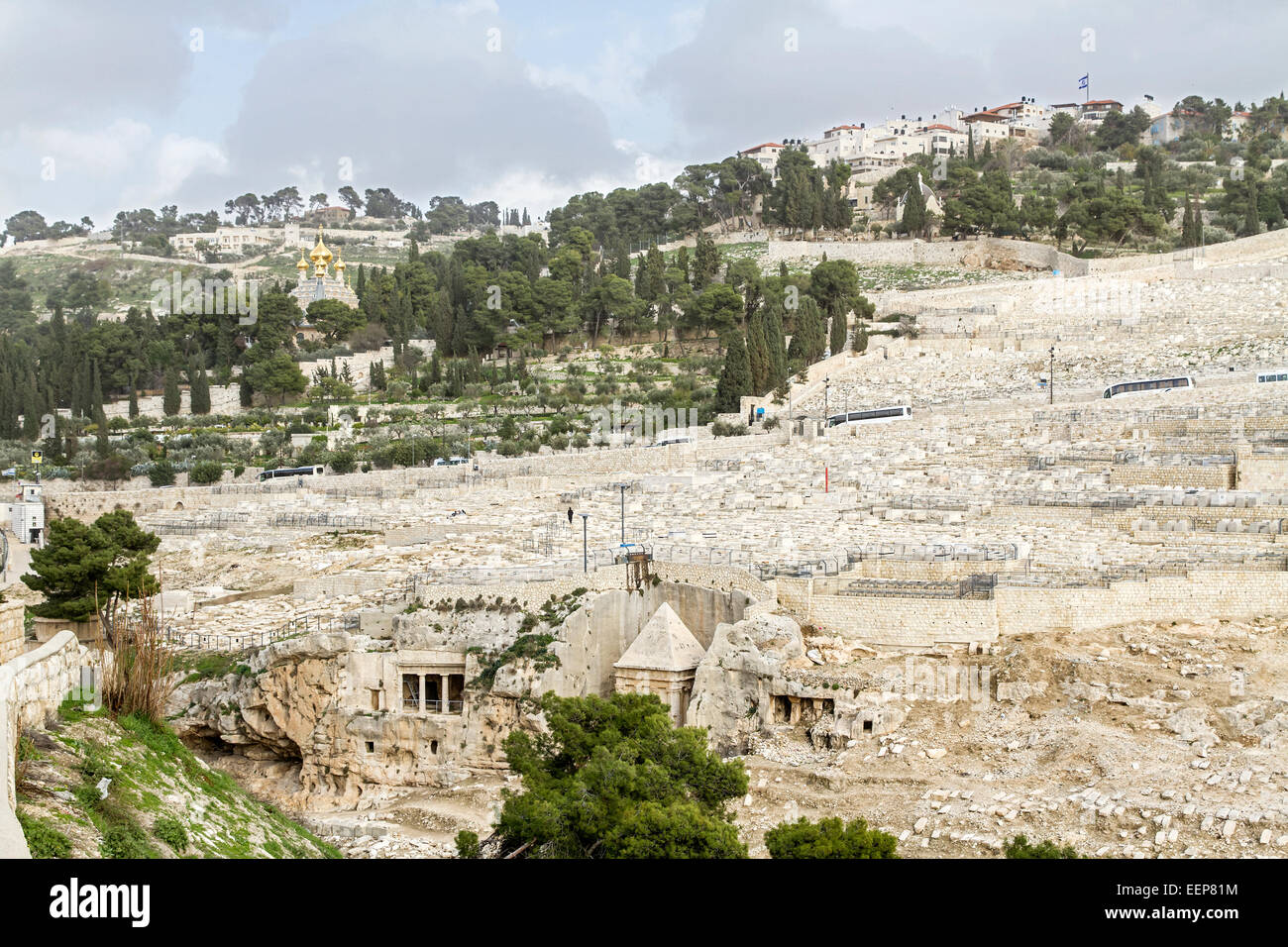 Mount of Olives in Jerusalem. Jewish cemetery, ancient tombs and church