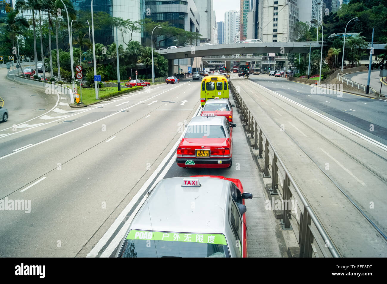 View from the top deck of a double decker bus going to the top of The Peak, Hong Kong Island Stock Photo