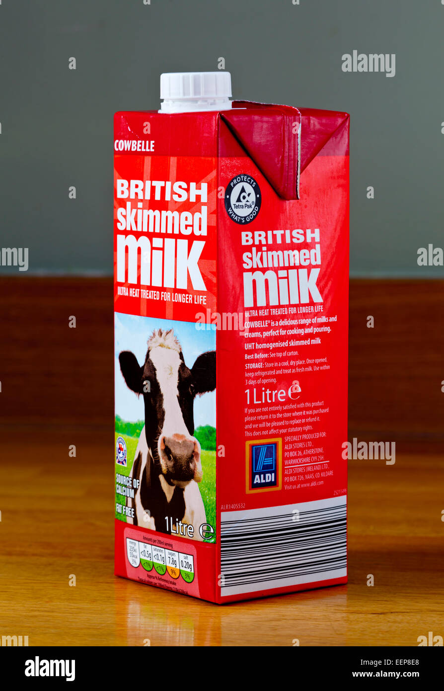 Tetrapak carton of British uht skimmed milk from Aldi a European