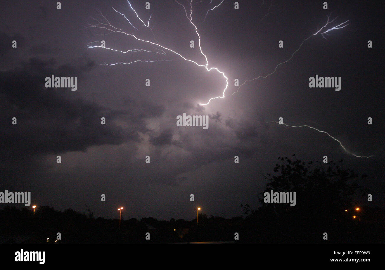 After a day of searing heat, lightning strikes on the skyline at Leigh-on-Sea  Featuring: Atmosphere Where: Leigh-on-Sea, Essex, United Kingdom When: 18 Jul 2014 Stock Photo