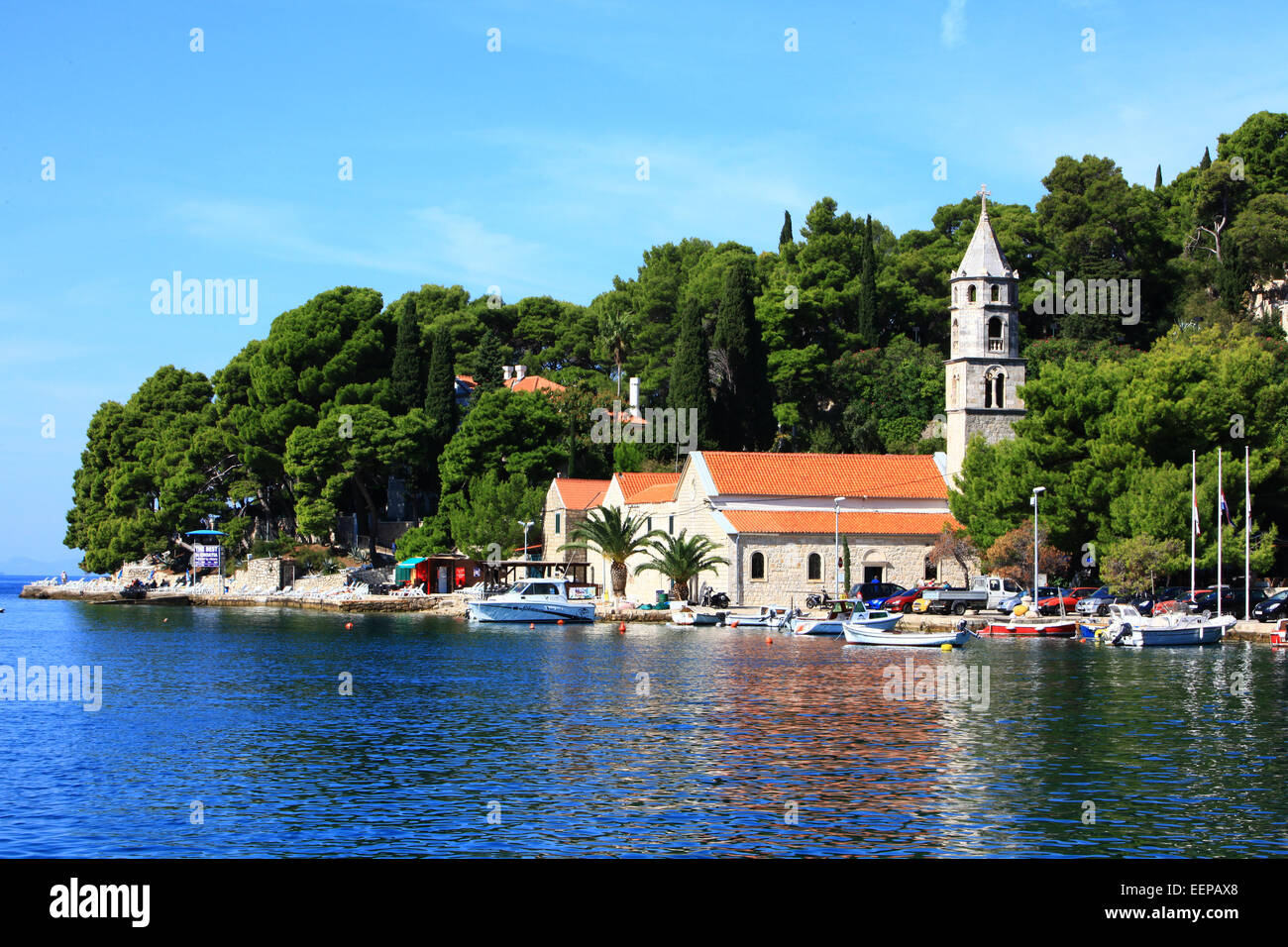 Cavtat Harbour Croatia with Boats, Yachts in Harbour with church by the harbour with Restrants Adreatic Sea; Central Europe; Sou Stock Photo