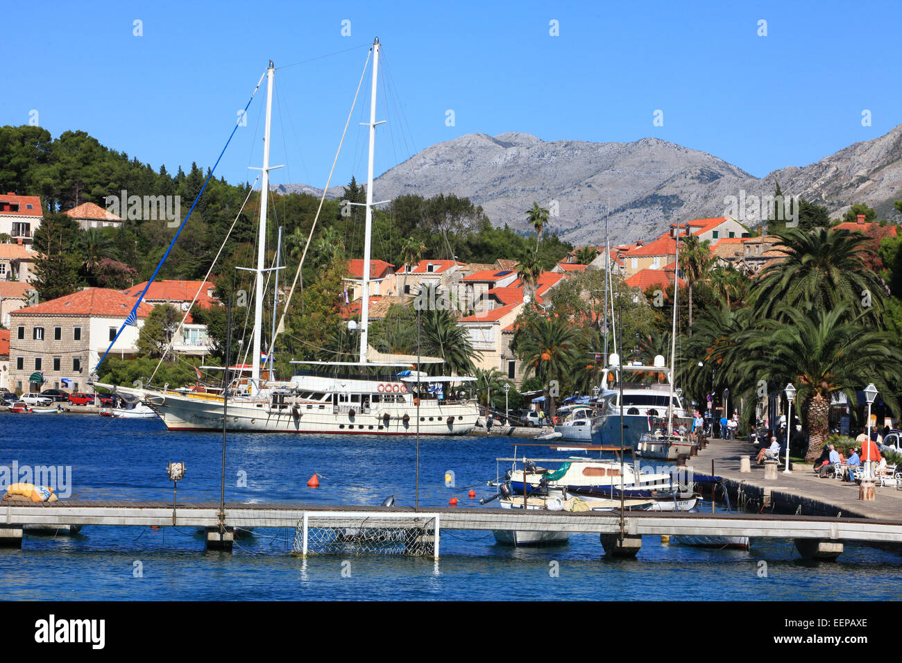 Cavtat, Harbour, Croatia with boats in harbour and Yachts on the Adreatic Sea; Central Europe and the Mediterranean. Stock Photo