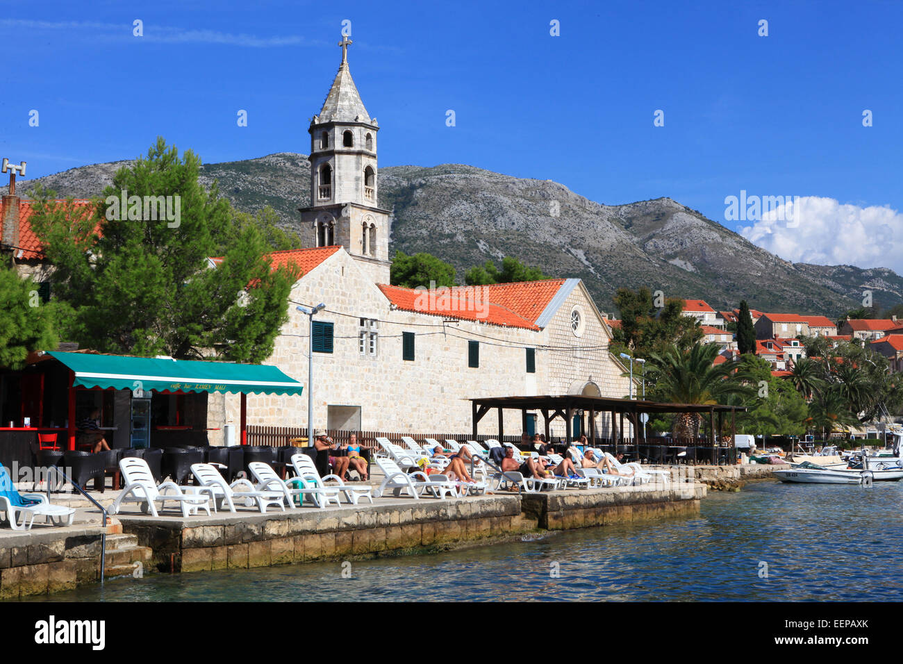 Cavtat, Harbour front, Croatia with boats in harbour and Yachts on the Adreatic Sea; Central Europe and the Mediterranean. Stock Photo