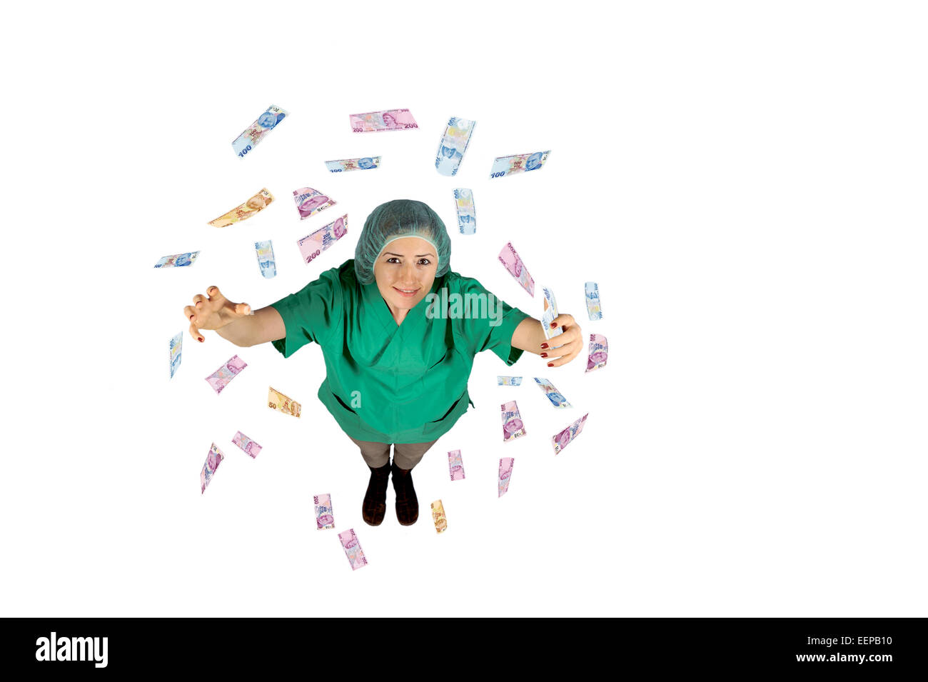 surgeon wages jackpot money flying Turkish lira isolated on white background Stock Photo