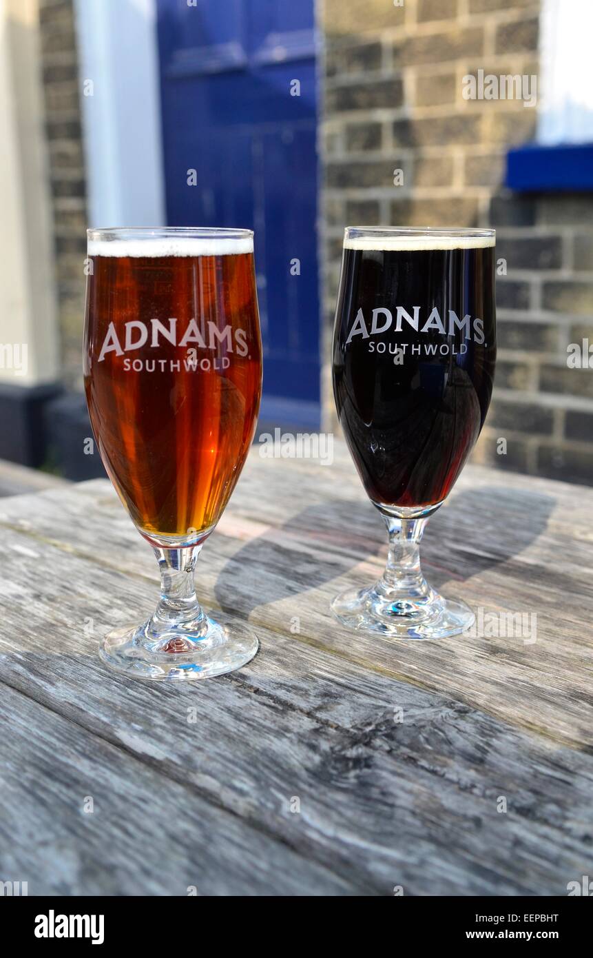 Glasses of Adnams Beer outside a pub in Southwold, Suffolk Stock Photo